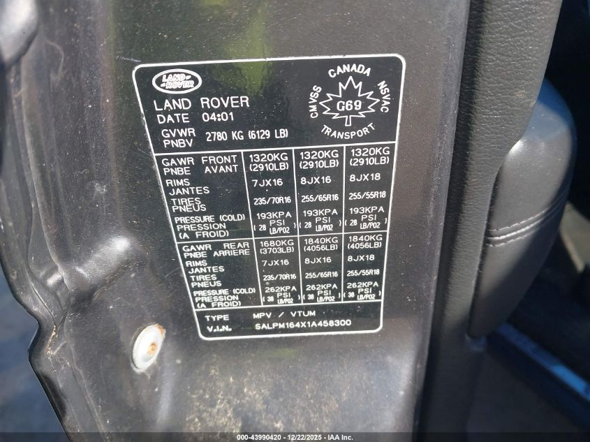 2001 Land Rover Range Rover 4.6 Hse VIN: SALPM164X1A458300 Lot: 43990420