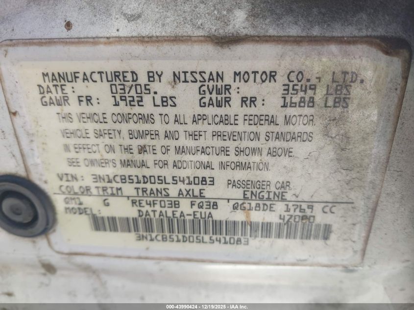 2005 Nissan Sentra 1.8S VIN: 3N1CB51D05L541083 Lot: 43990424