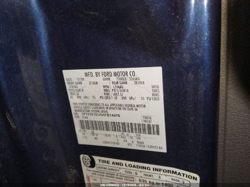 2010 Ford F-150 Fx4/Harley-Davidson/King Ranch/Lariat/Platinum/Xl/Xlt VIN: 1FTFW1EV5AFB14478 Lot: 43990432