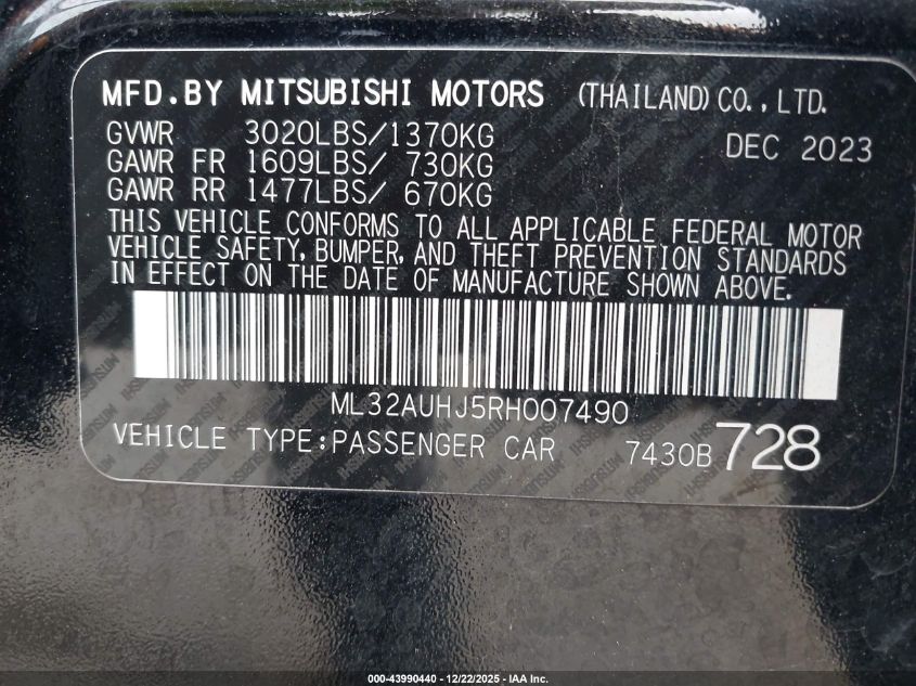 2024 Mitsubishi Mirage Es/Le VIN: ML32AUHJ5RH007490 Lot: 43990440