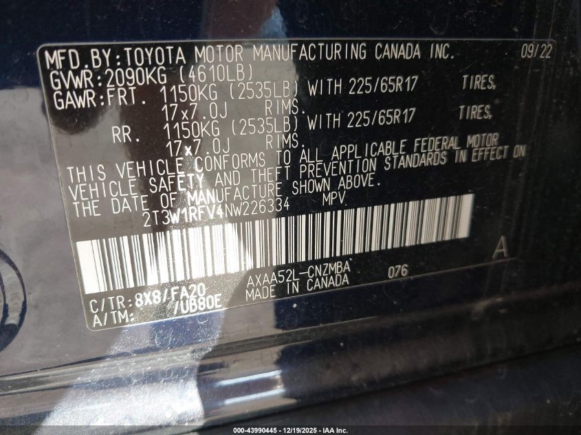 2022 Toyota Rav4 Xle VIN: 2T3W1RFV4NW226334 Lot: 43990445