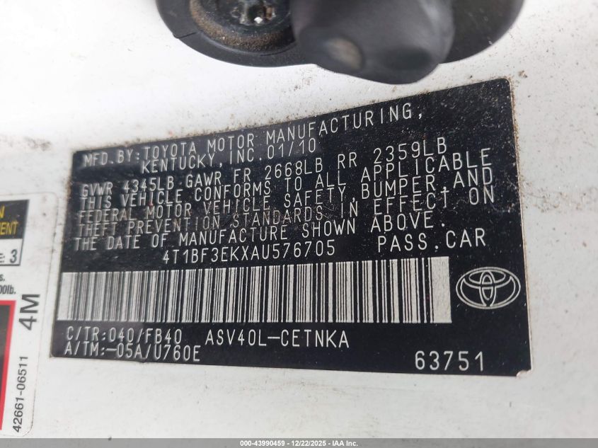 2010 Toyota Camry Le VIN: 4T1BF3EKXAU576705 Lot: 43990459