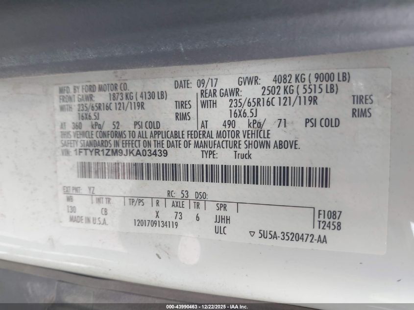 2018 Ford Transit-250 VIN: 1FTYR1ZM9JKA03439 Lot: 43990463