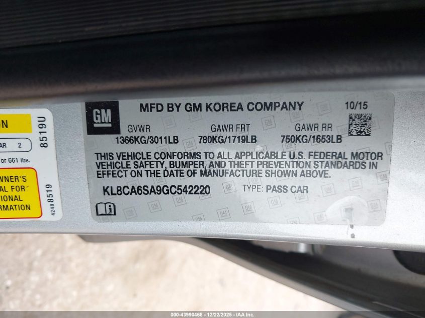 2016 Chevrolet Spark Ls Manual VIN: KL8CA6SA9GC542220 Lot: 43990468