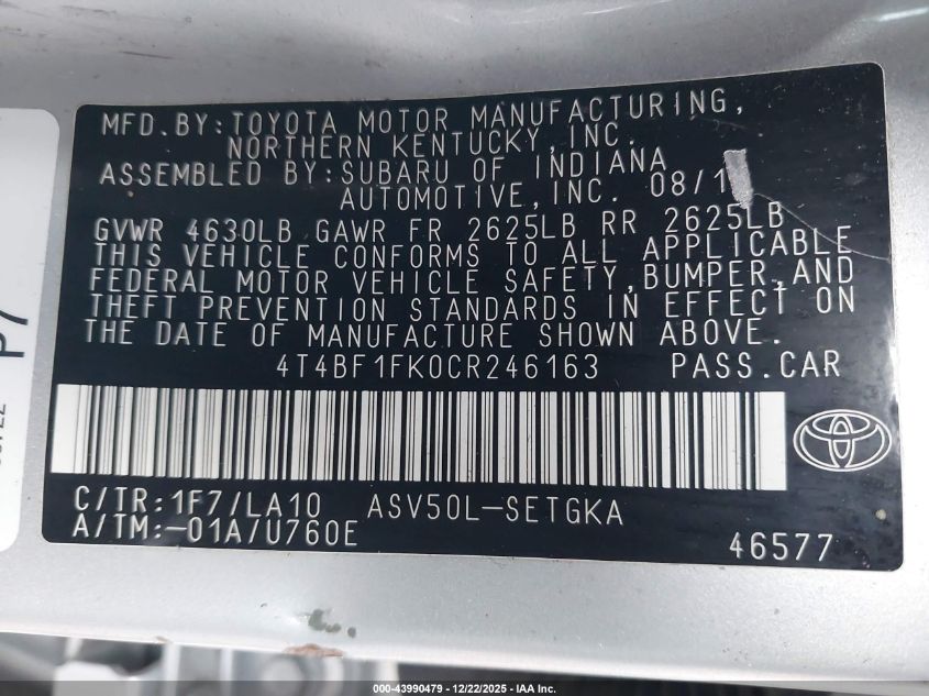 2012 Toyota Camry Xle VIN: 4T4BF1FK0CR246163 Lot: 43990479