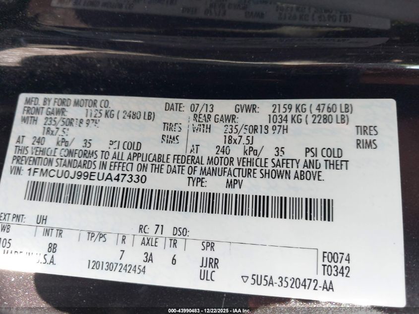 2014 Ford Escape Titanium VIN: 1FMCU0J99EUA47330 Lot: 43990483