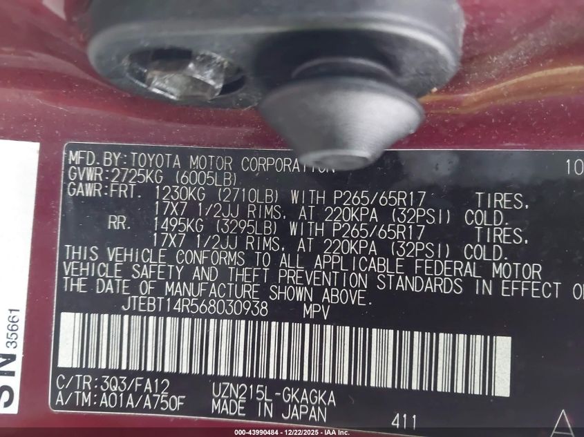 2006 Toyota 4Runner Sr5 V8 VIN: JTEBT14R568030938 Lot: 43990484