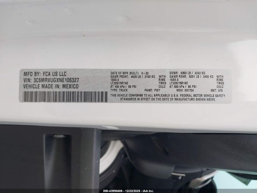 2022 Ram Promaster 3500 Window Van High Roof 159 Wb Ext VIN: 3C6MRVUGXNE106327 Lot: 43990486