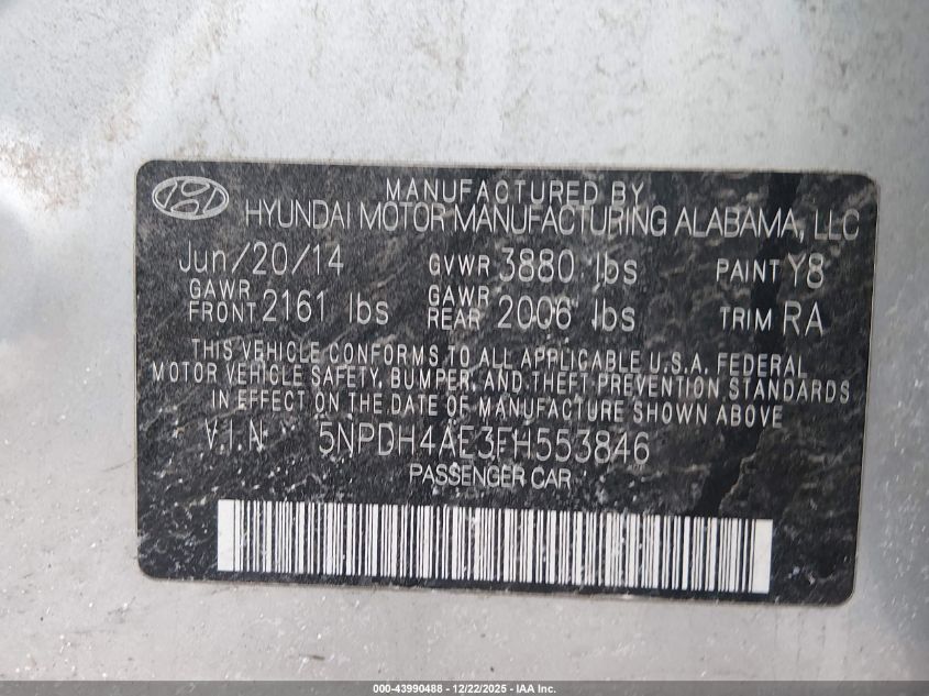 2015 Hyundai Elantra Se VIN: 5NPDH4AE3FH553846 Lot: 43990488