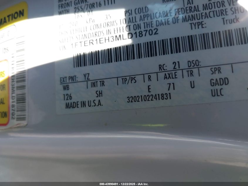 2021 Ford Ranger Xl VIN: 1FTER1EH3MLD18702 Lot: 43990491