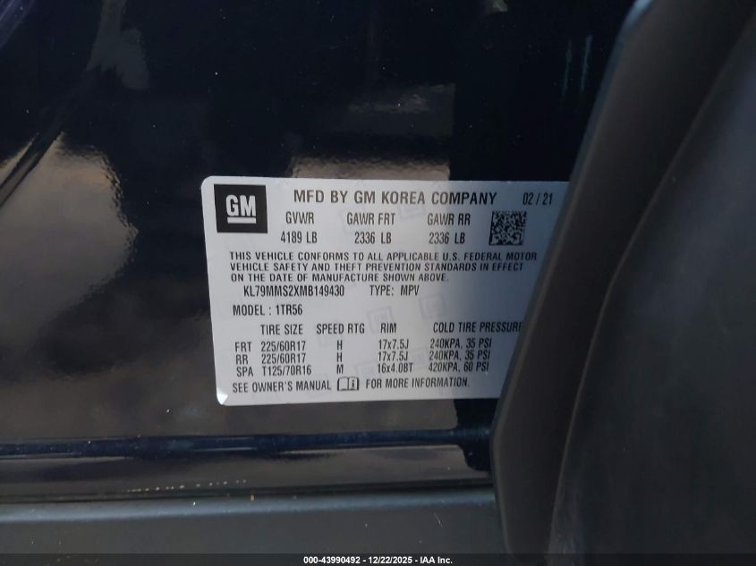 2021 Chevrolet Trailblazer Fwd Ls VIN: KL79MMS2XMB149430 Lot: 43990492