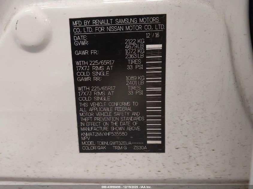 2017 Nissan Rogue Sv VIN: KNMAT2MVXHP535580 Lot: 43990495