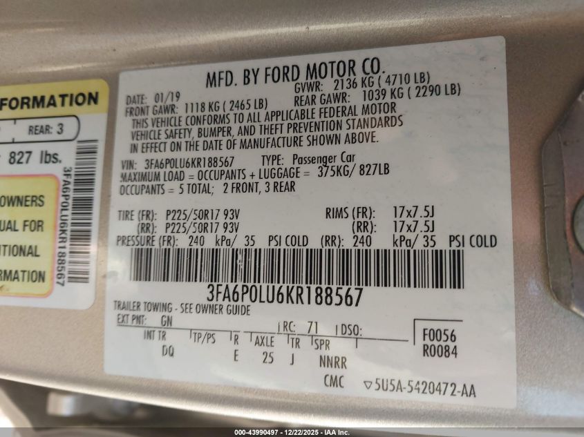 2019 Ford Fusion Hybrid Se VIN: 3FA6P0LU6KR188567 Lot: 43990497