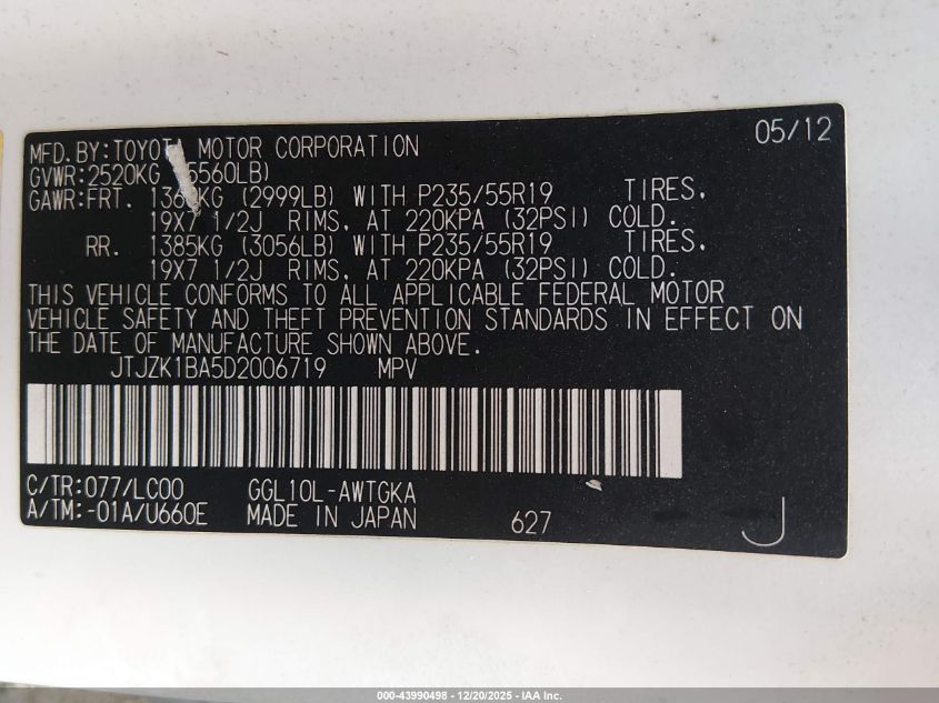 2013 Lexus Rx 350 VIN: JTJZK1BA5D2006719 Lot: 43990498