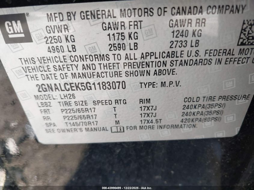 2016 Chevrolet Equinox Lt VIN: 2GNALCEK5G1183070 Lot: 43990499