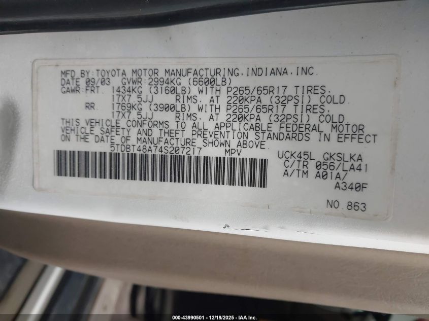 2004 Toyota Sequoia Limited V8 VIN: 5TDBT48A74S207217 Lot: 43990501