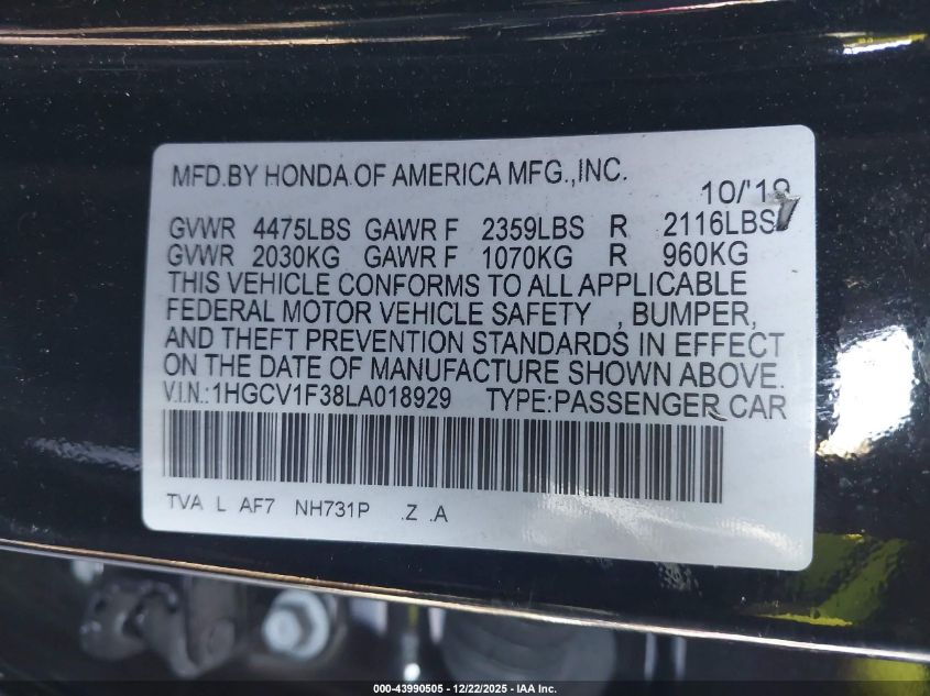 2020 Honda Accord Sport VIN: 1HGCV1F38LA018929 Lot: 43990505
