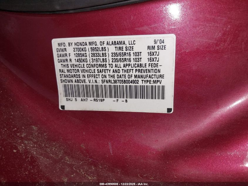 2005 Honda Odyssey Ex-L VIN: 5FNRL38705B004902 Lot: 43990508