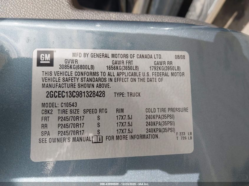 2008 Chevrolet Silverado 1500 Ls VIN: 2GCEC13C981328428 Lot: 43990509
