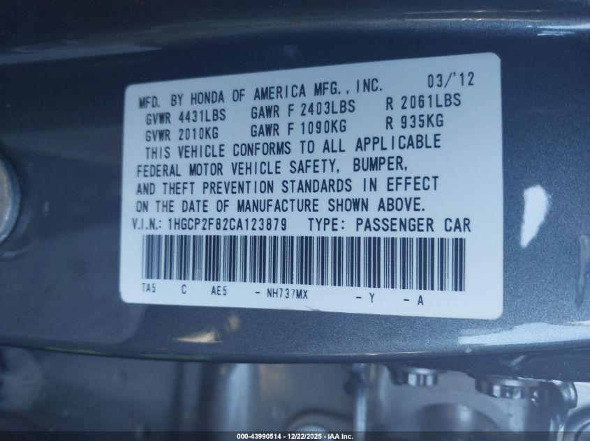 2012 Honda Accord 2.4 Ex-L VIN: 1HGCP2F82CA123879 Lot: 43990514