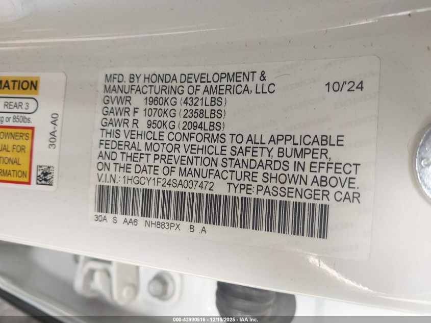 2025 Honda Accord Lx VIN: 1HGCY1F24SA007472 Lot: 43990516