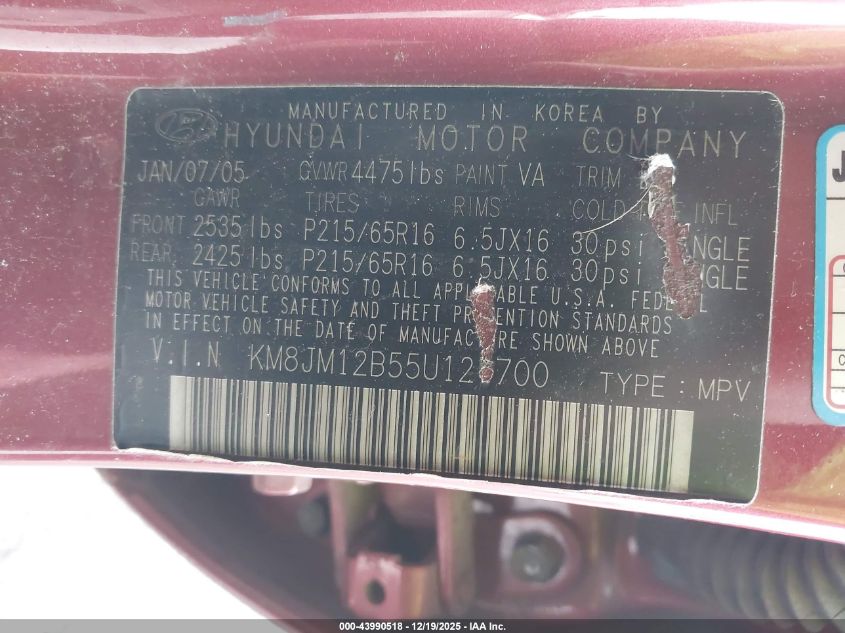 2005 Hyundai Tucson Gl VIN: KM8JM12B55U121700 Lot: 43990518