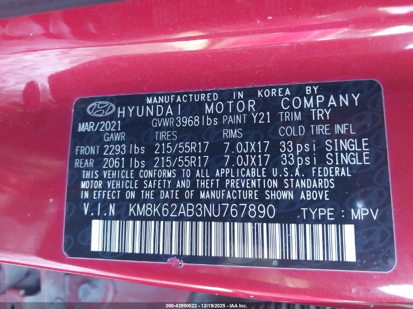 2022 Hyundai Kona Sel VIN: KM8K62AB3NU767890 Lot: 43990522