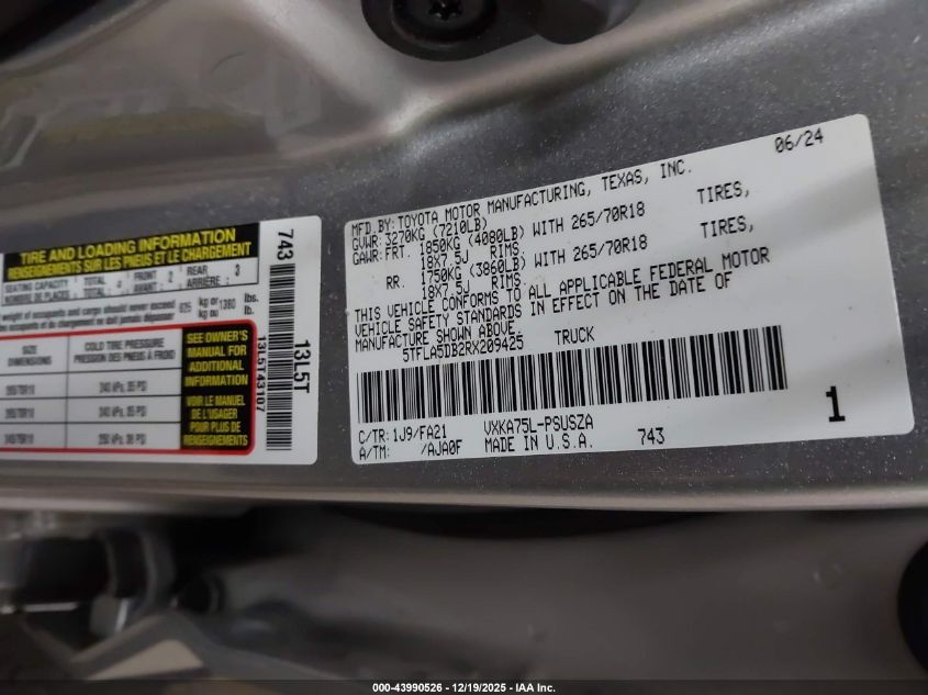 2024 Toyota Tundra Sr5 VIN: 5TFLA5DB2RX209425 Lot: 43990526