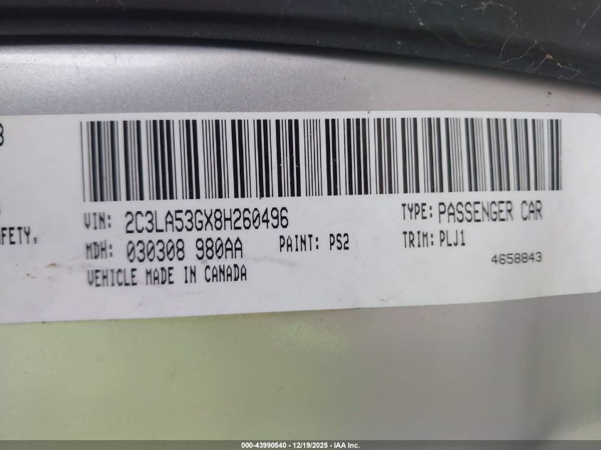 2008 Chrysler 300 Touring VIN: 2C3LA53GX8H260496 Lot: 43990540