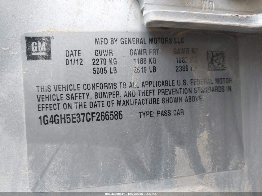 2012 Buick Lacrosse Premium 3 Group VIN: 1G4GH5E37CF266586 Lot: 43990541