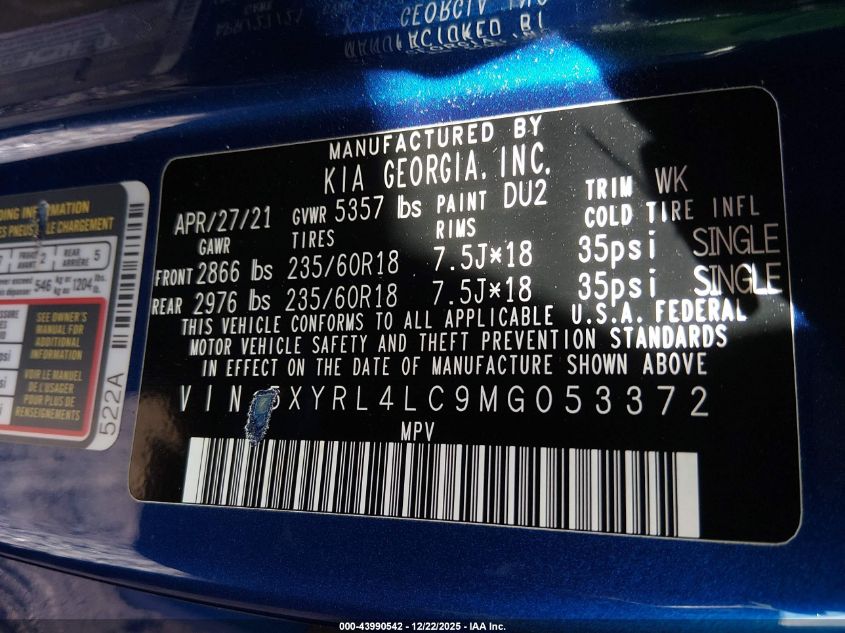 2021 Kia Sorento S VIN: 5XYRL4LC9MG053372 Lot: 43990542