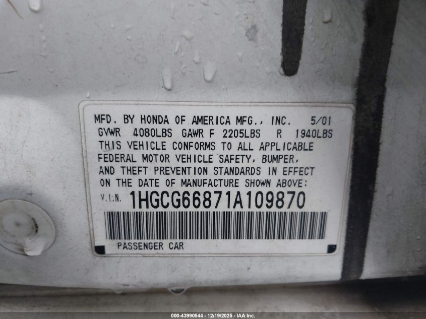 2001 Honda Accord 2.3 Ex VIN: 1HGCG66871A109870 Lot: 43990544