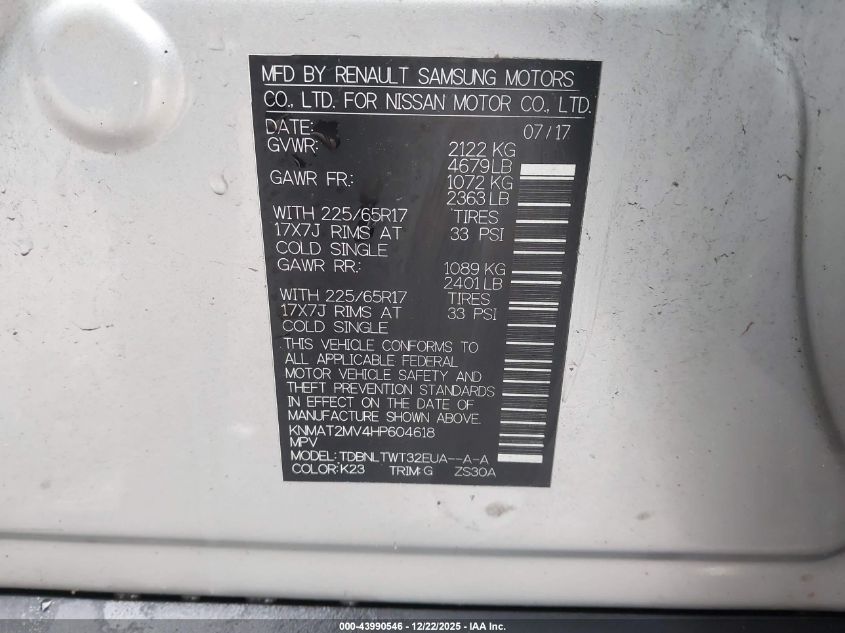 2017 Nissan Rogue Sv VIN: KNMAT2MV4HP604618 Lot: 43990546