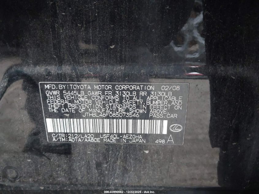 2008 Lexus Ls 460 VIN: JTHBL46F085073546 Lot: 43990562