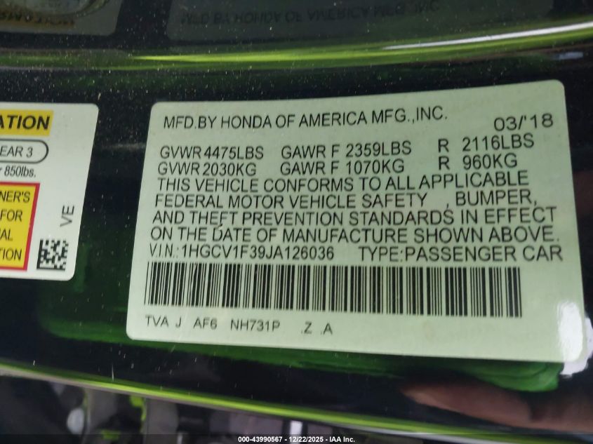 2018 Honda Accord Sport VIN: 1HGCV1F39JA126036 Lot: 43990567