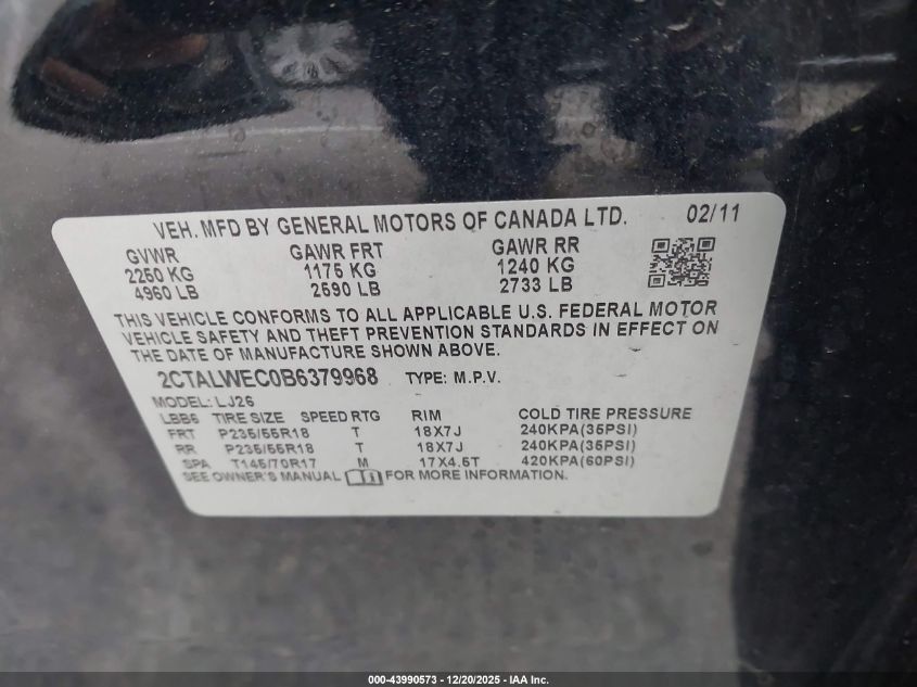 2011 GMC Terrain Slt-2 VIN: 2CTALWEC0B6379968 Lot: 43990573