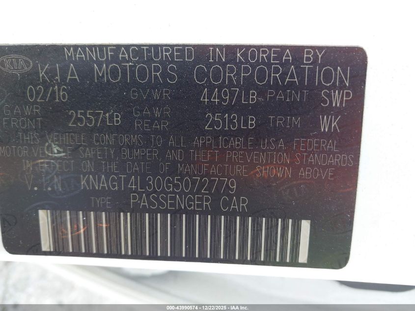 2016 Kia Optima Lx VIN: KNAGT4L30G5072779 Lot: 43990574