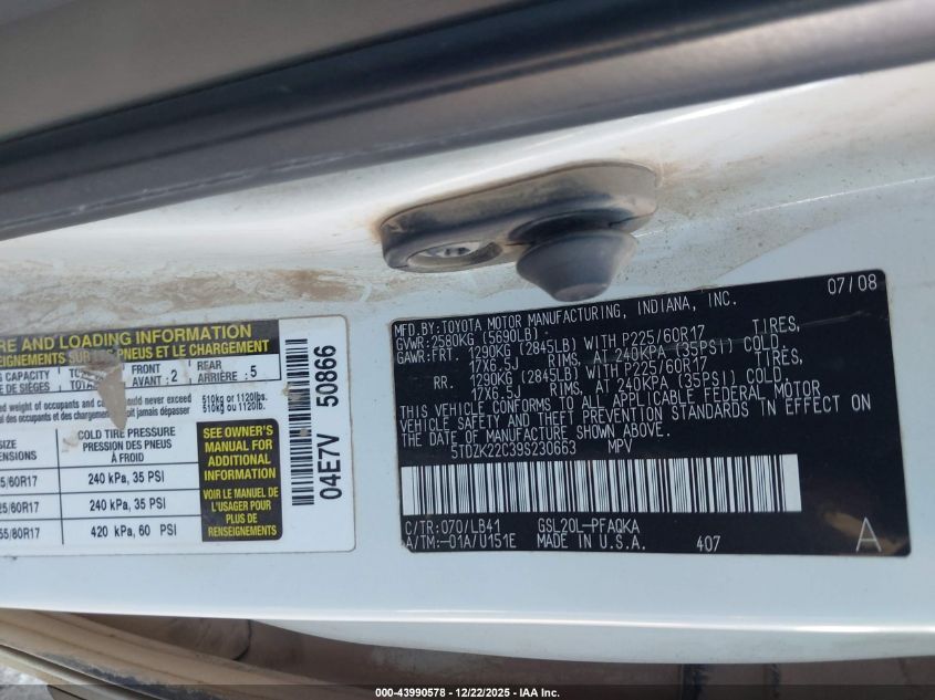 2009 Toyota Sienna Xle VIN: 5TDZK22C39S230663 Lot: 43990578