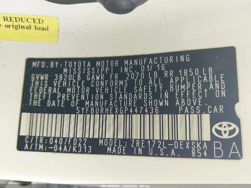 2016 Toyota Corolla S Plus VIN: 5YFBURHEXGP447436 Lot: 43990580