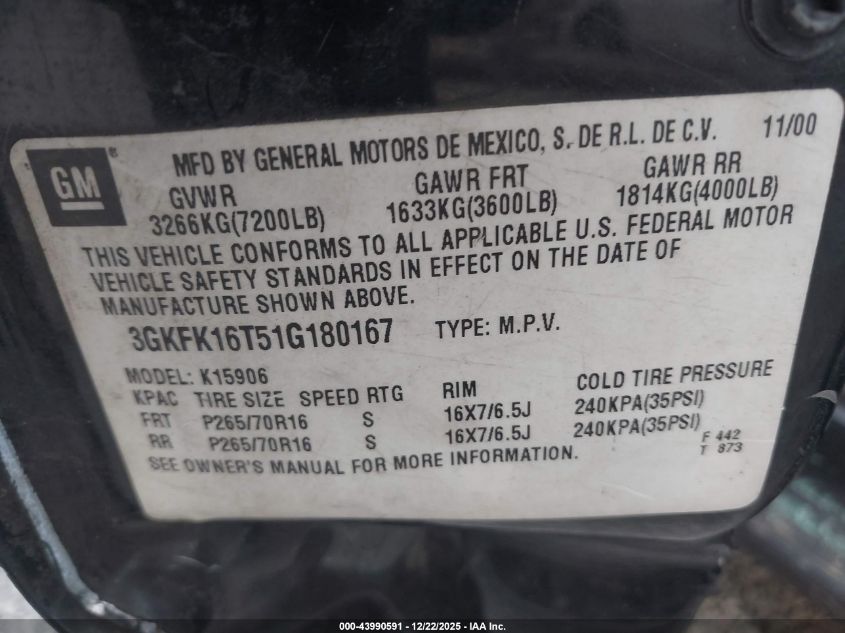 2001 GMC Yukon Xl 1500 Slt VIN: 3GKFK16T51G180167 Lot: 43990591