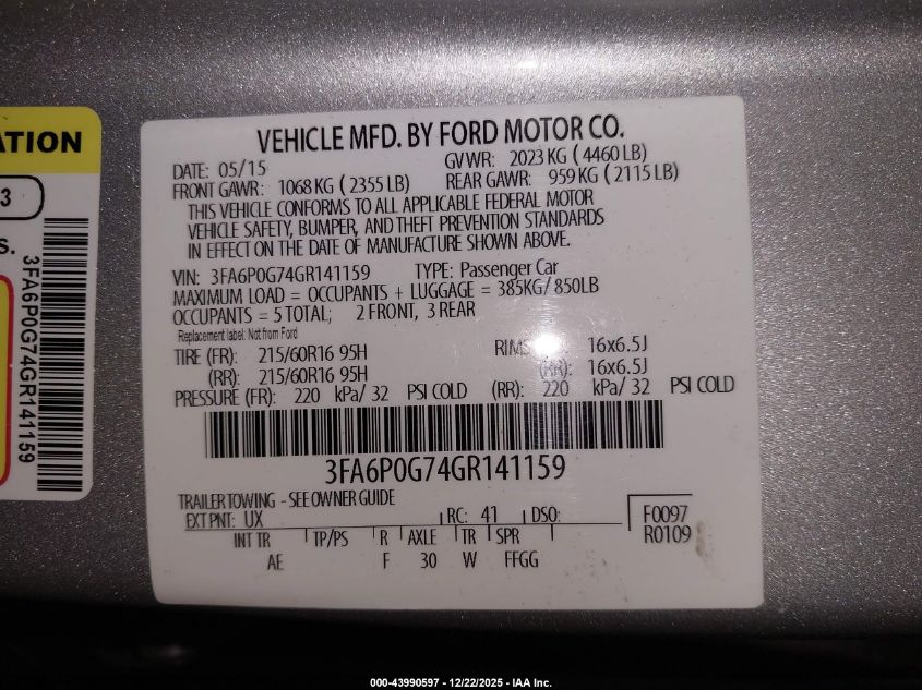 2016 Ford Fusion S VIN: 3FA6P0G74GR141159 Lot: 43990597