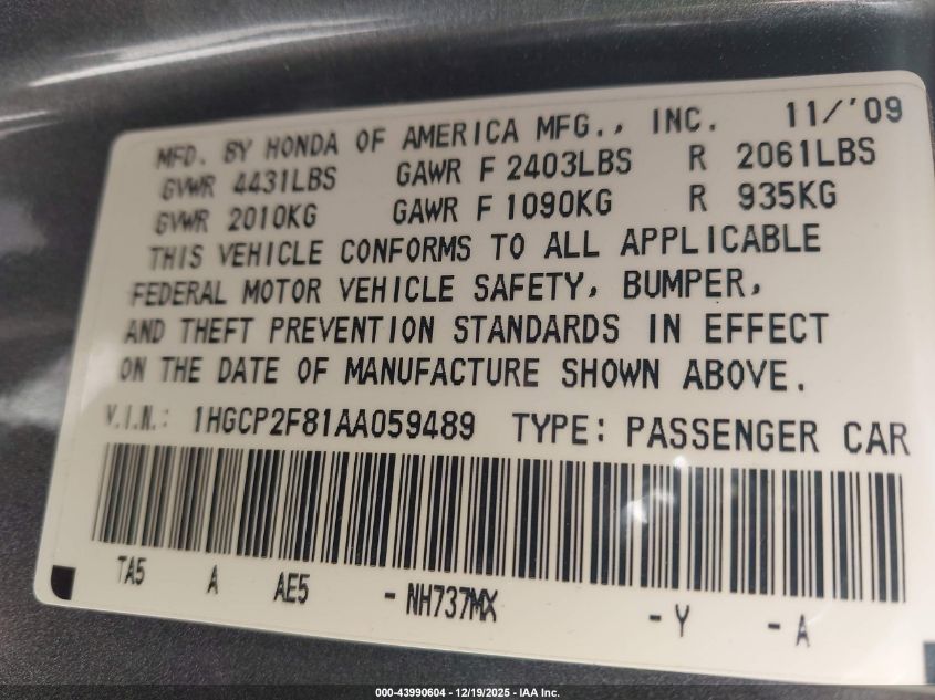 2010 Honda Accord 2.4 Ex-L VIN: 1HGCP2F81AA059489 Lot: 43990604