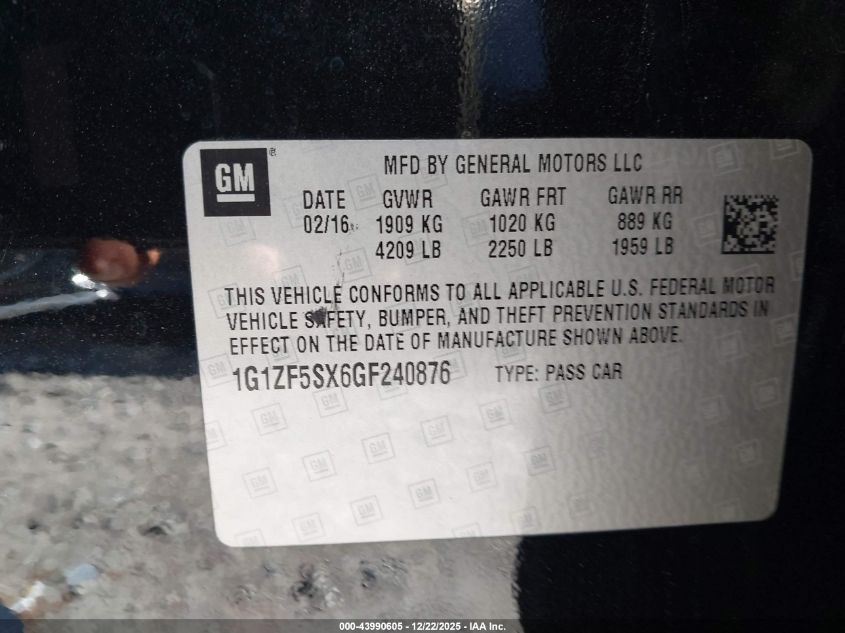 2016 Chevrolet Malibu 2Lt VIN: 1G1ZF5SX6GF240876 Lot: 43990605