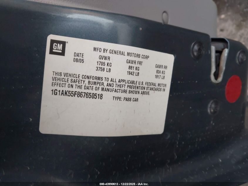 2006 Chevrolet Cobalt Ls VIN: 1G1AK55F867650518 Lot: 43990613