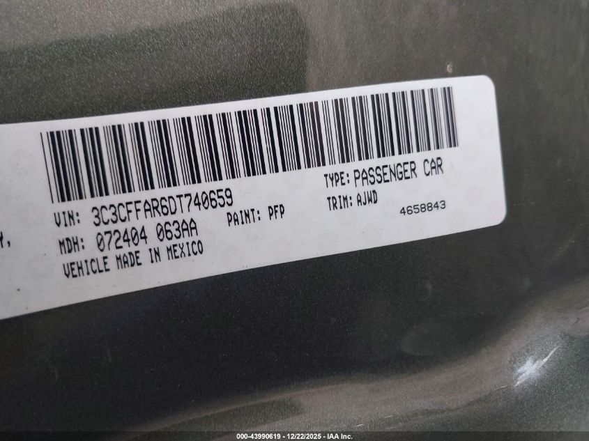 2013 Fiat 500 Pop VIN: 3C3CFFAR6DT740659 Lot: 43990619