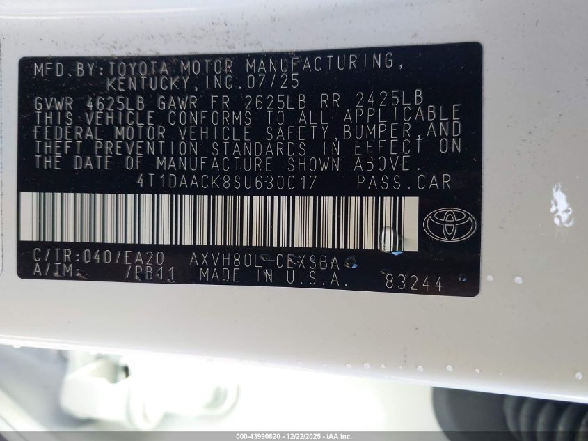 2025 Toyota Camry Se VIN: 4T1DAACK8SU630017 Lot: 43990620