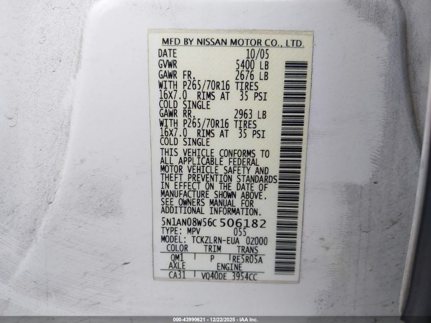 2006 Nissan Xterra S VIN: 5N1AN08W56C506182 Lot: 43990621