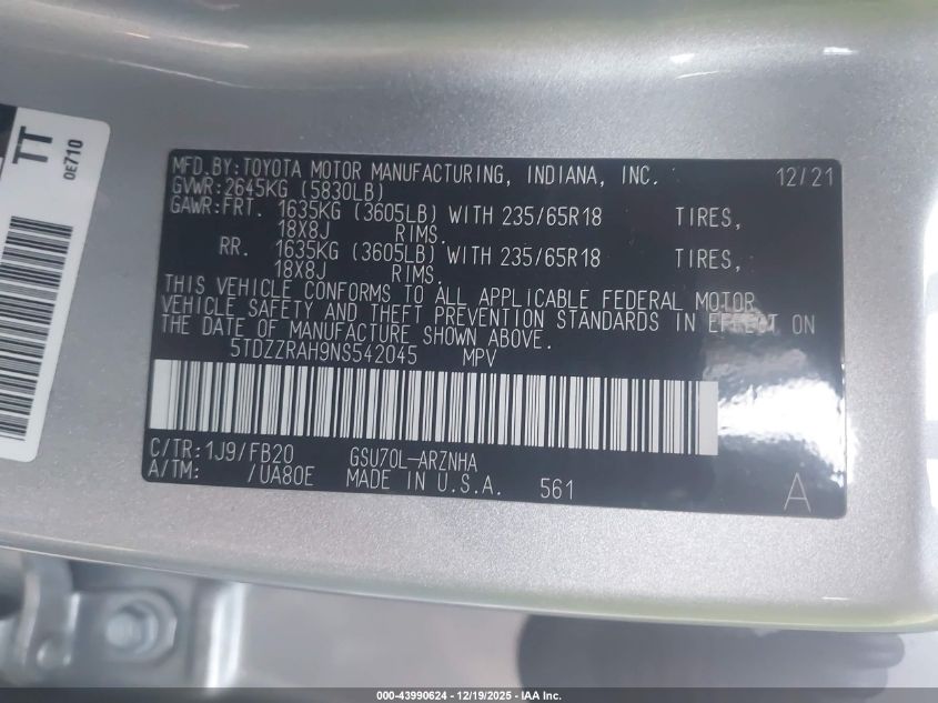 2022 Toyota Highlander Le VIN: 5TDZZRAH9NS542045 Lot: 43990624