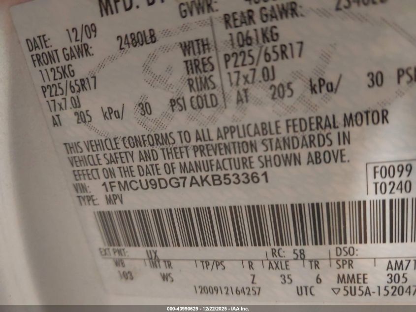 2010 Ford Escape Xlt VIN: 1FMCU9DG7AKB53361 Lot: 43990629