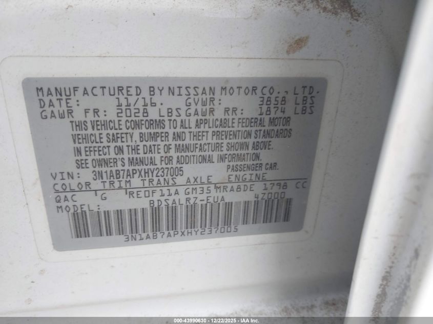 2017 Nissan Sentra Sr VIN: 3N1AB7APXHY237005 Lot: 43990630